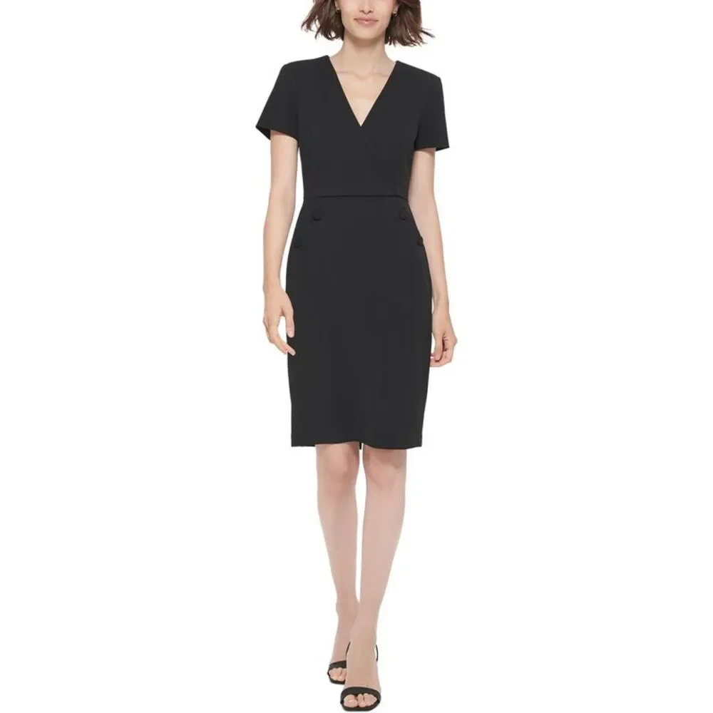 Calvin Klein Womens Black Faux Wrap Work day wear V-Neck Sheath Dress